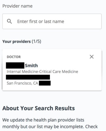 Screenshot of the interface for coveredca.com displaying a medical provider with their redacted first name and address